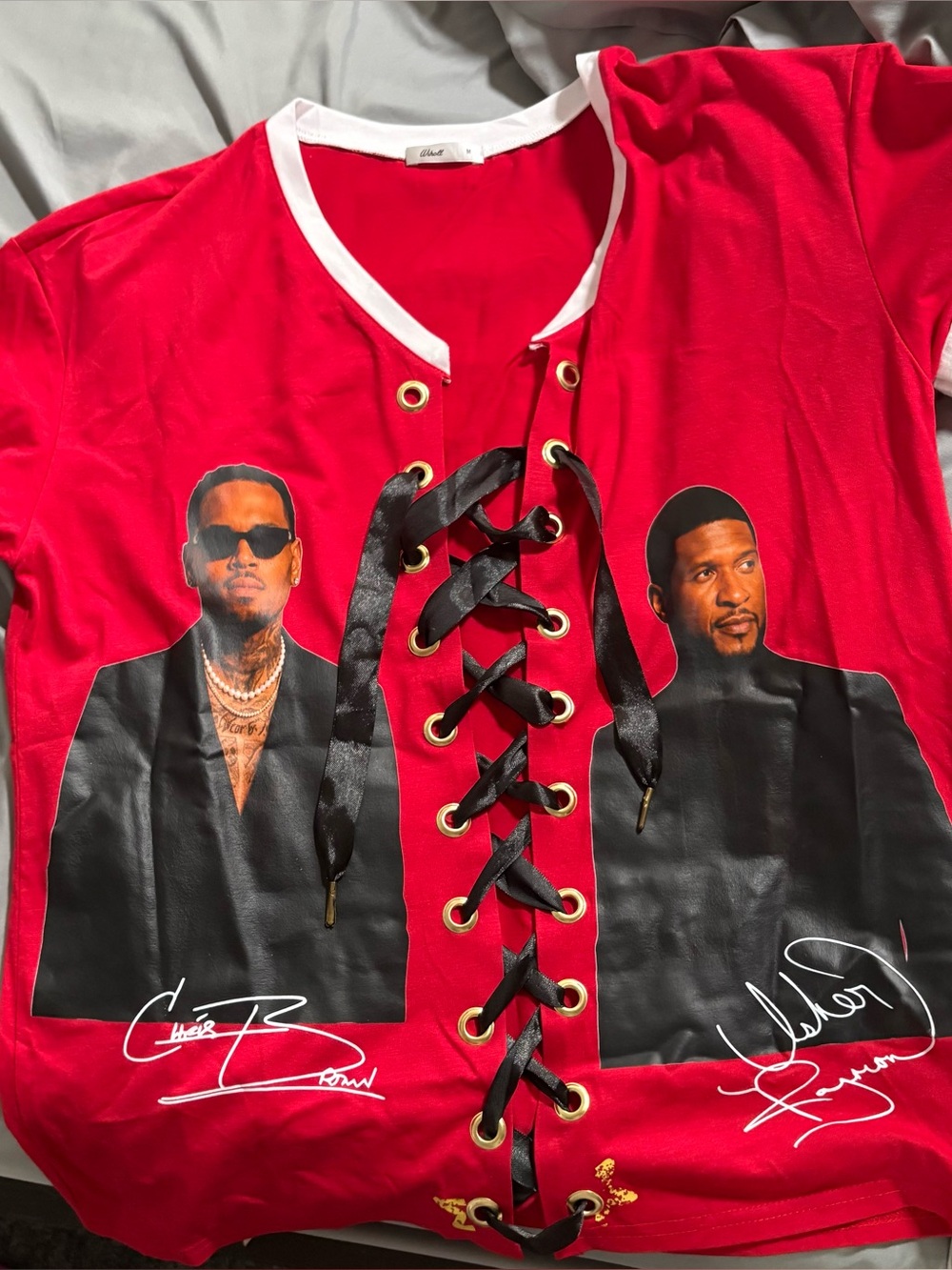 Red Lace-Up Graphic Shirt with Celebrity Print